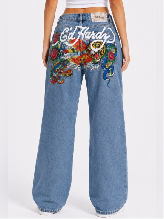 Ed Hardy Denim - Ed Hardy Tattoo Graphic Wide Leg Jeans Sz 26 Light Wash EUC #309